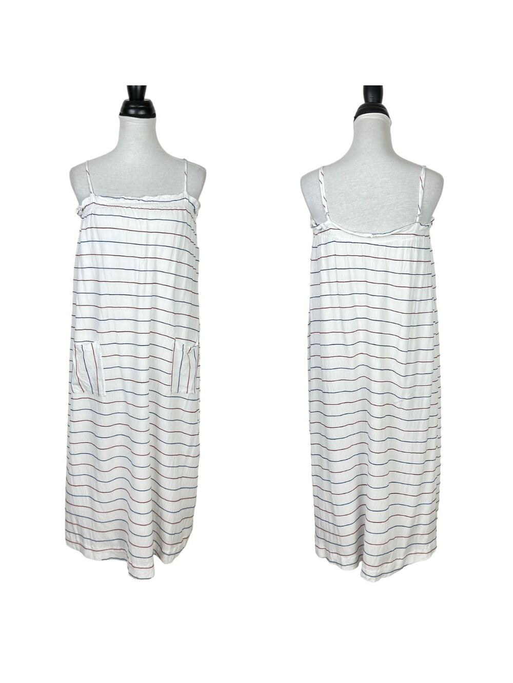 The Good Jane White Crepe Blue & Red Stripe Summer Casual Midi Dress